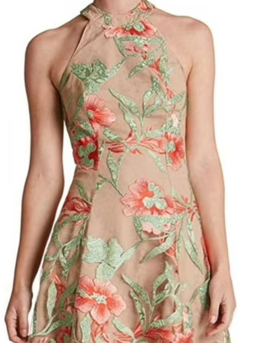 Dress The Population Abbie Floral Halter Dress Skater Coral Beige Lace Medium - Picture 1 of 11